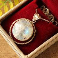 Artisan Rainbow moonstone pendant necklace round silver pendant