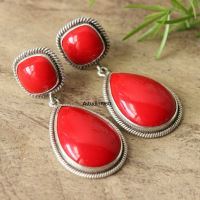 Artisan Red Coral earrings, Coral dangle silver earrings jewelry