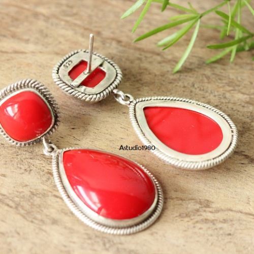 Artisan Red Coral earrings - Coral dangle silver earrings jewelry