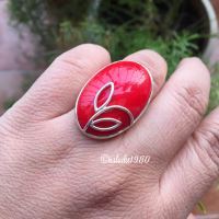 Artisan red coral ring, Oval red coral gemstone silver ring