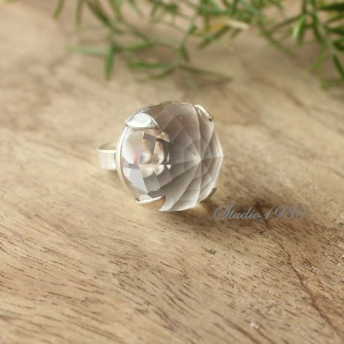 Artisan silver crystal ring, Handmade round faceted ring