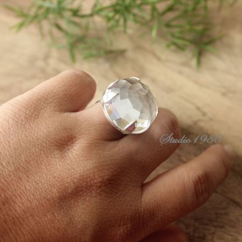 Artisan silver crystal ring, Handmade round faceted ring