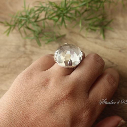 Artisan silver crystal ring, Handmade round faceted ring