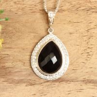 Artisan black onyx pendant, Zircon studded silver pendant