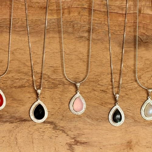 Artisan black onyx pendant - Zircon studded silver pendant