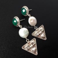 Artisan handmade green onyx earrings, Coin pearl silver earrings