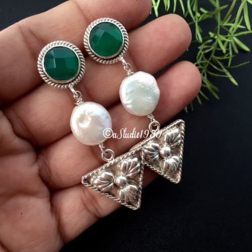Artisan handmade green onyx earrings, Coin pearl silver earrings