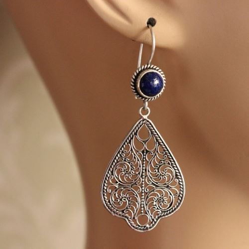 Artisan lapis filigree sterling silver handmade earrings