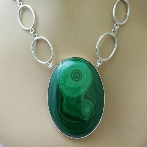 Artisan necklace, Statement malachite silver pendant necklace
