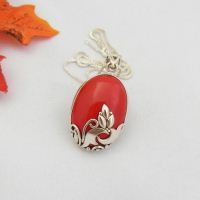 Red coral sterling silver pendant, Artisan handmade pendant