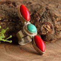 Turquoise and red coral ring, Handmade statement jewelry rings silver