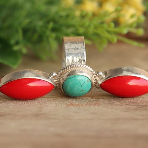 Turquoise and red coral ring, Handmade statement jewelry rings silver