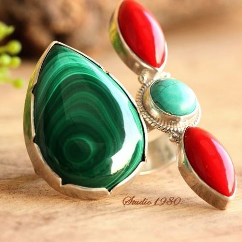 Turquoise and red coral ring, Handmade statement jewelry rings silver