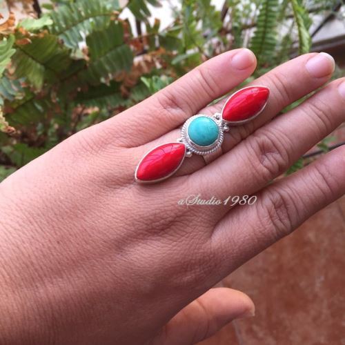 Turquoise and red coral ring, Handmade statement jewelry rings silver