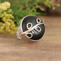 Black obsidian ring, Statement gemstone artisan silver ring