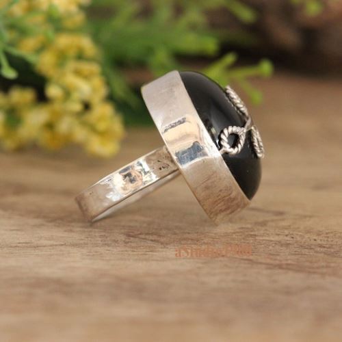 Black obsidian ring, Statement gemstone artisan silver ring