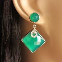 Artisan statement jewelry earrings, Faceted green onyx earrings silver