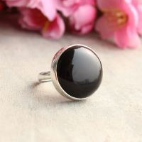 Silver ring, Black ring, Black onyx round ring