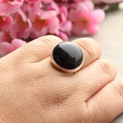 Silver ring - Black ring - Black onyx round ring