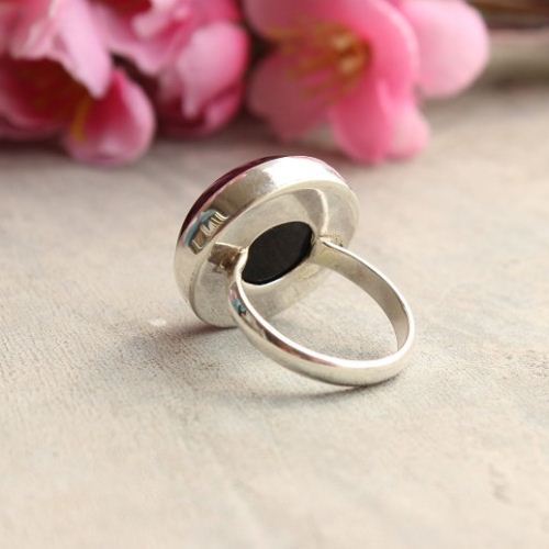 Silver ring - Black ring - Black onyx round ring