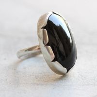 Black onyx artisan ring, Black onyx oval silver ring 