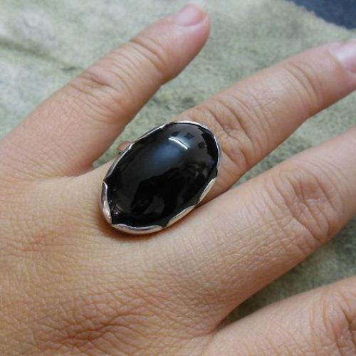 Black onyx artisan ring, Black onyx oval silver ring 