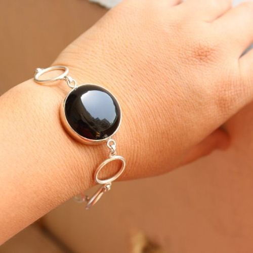 Black onyx bracelet, Sterling silver artisan handmade bracelet