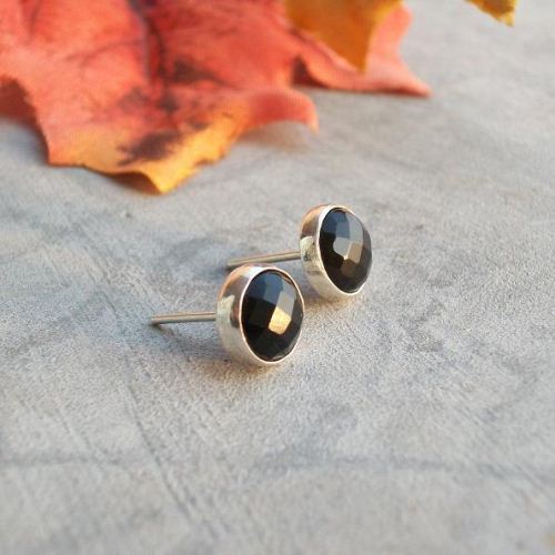 Black onyx earring, Handmade studs, Gemstone silver stud 8mm