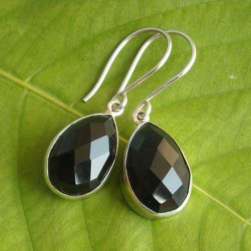 Black onyx earrings, Tear drop silver earrings, Faceted stone earrings