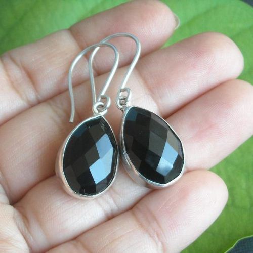 Black onyx earrings, Tear drop silver earrings, Faceted stone earrings
