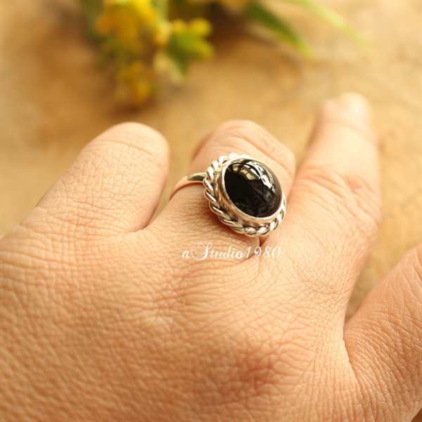 Adjustable ring Black onyx ring, Sterling silver gemstone ring 
