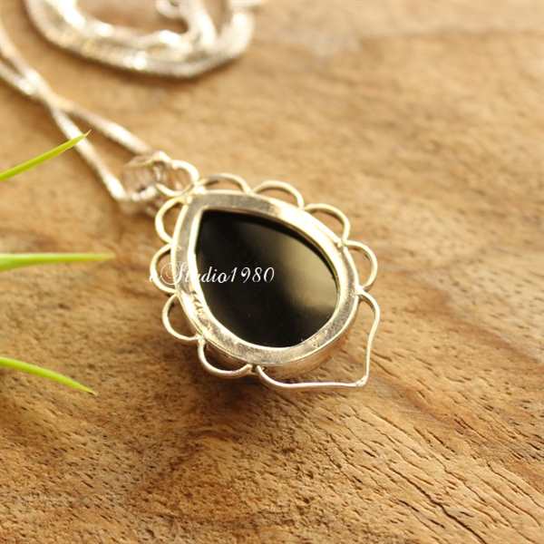 Black pendant, Black onyx pendant, Tear drop silver pendant