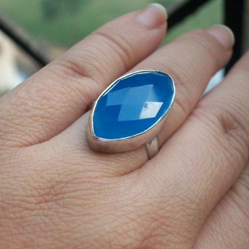 Blue Chalcedony Ring, Marquise cut faceted gemstone silver ring