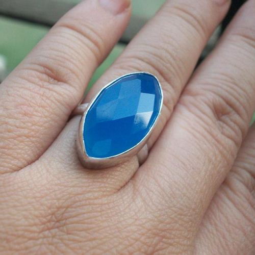 Blue Chalcedony Ring, Marquise cut faceted gemstone silver ring