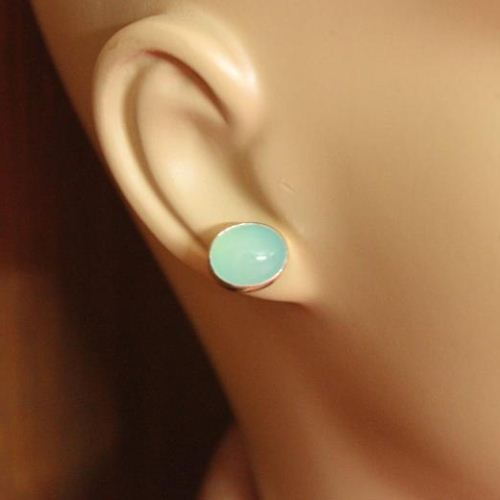 Blue Chalcedony earrings, Aqua stud earrings, Oval silver earrings