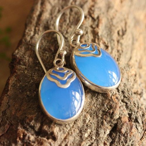 Artisan blue chalcedony earrings in sterling silver, Bridal earrings