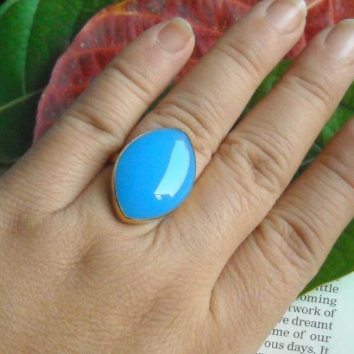Blue Chalcedony ring - Vermeil ring - Gold marquise ring - Bold ring