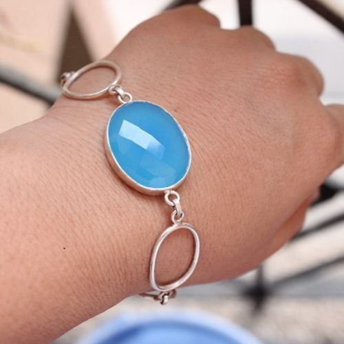 Blue chalcedony bracelet, Oval bracelet, Chalcedony silver bracelet