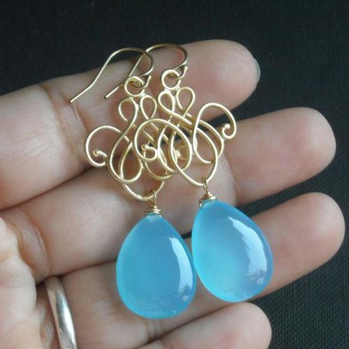 Blue chalcedony earrings, Blue chandelier silver dangler earrings