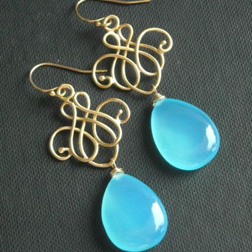 Blue chalcedony earrings, Blue chandelier silver dangler earrings