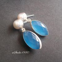 Blue chalcedony earrings, Marquise cut artisan silver earrings