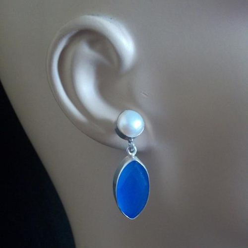 Blue chalcedony earrings, Marquise cut artisan silver earrings