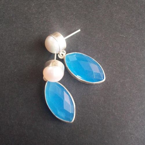 Blue chalcedony earrings, Marquise cut artisan silver earrings