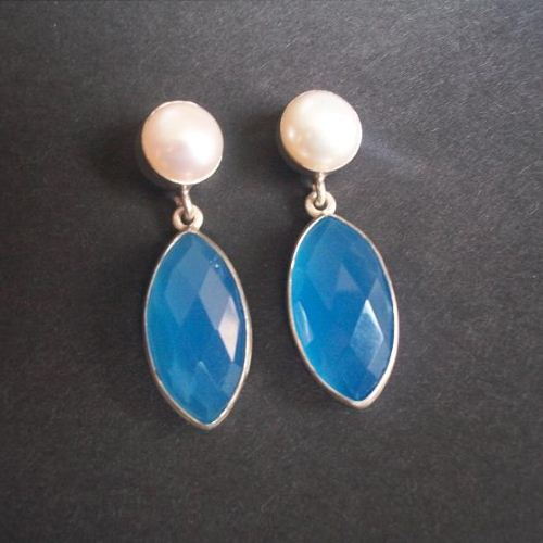 Blue chalcedony earrings, Marquise cut artisan silver earrings