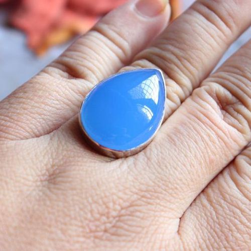 Blue chalcedony ring, Cornflower blue ring, Artisan silver rings