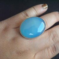 Blue chalcedony ring, Oval gemstone handmade silver ring