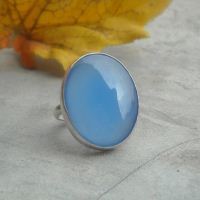Blue chalcedony ring, Sterling silver large oval ring