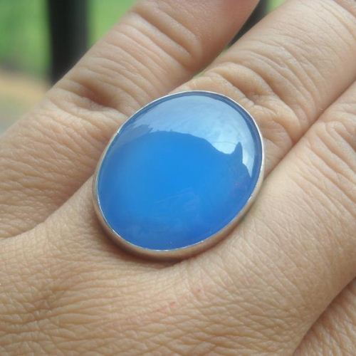Blue chalcedony ring, Sterling silver large oval ring