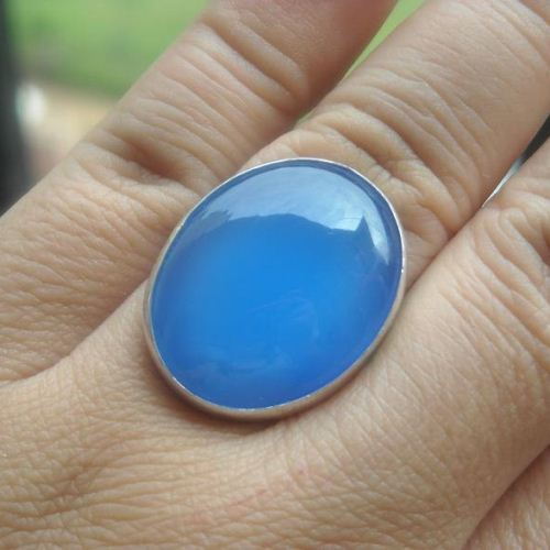Blue chalcedony ring, Sterling silver large oval ring