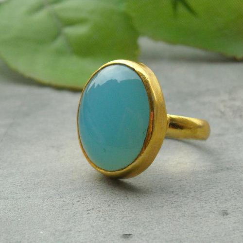 Blue chalcedony ring - vermeil ring - gold ring - oval cabochon ring
